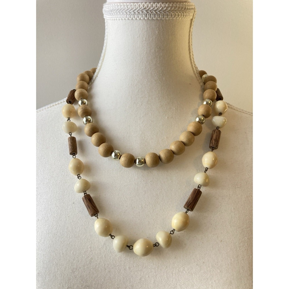 Earthy Wood Beaded Necklace Set Of 2 Layering Stackable Boho Artisan Cream Brown